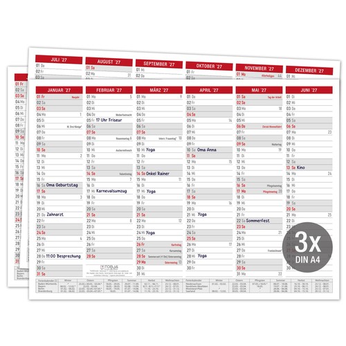 Tafelkalender 2027 rot din - din, a4