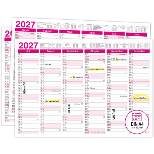 Tafelkalender 2027 pink - tafelkalender,